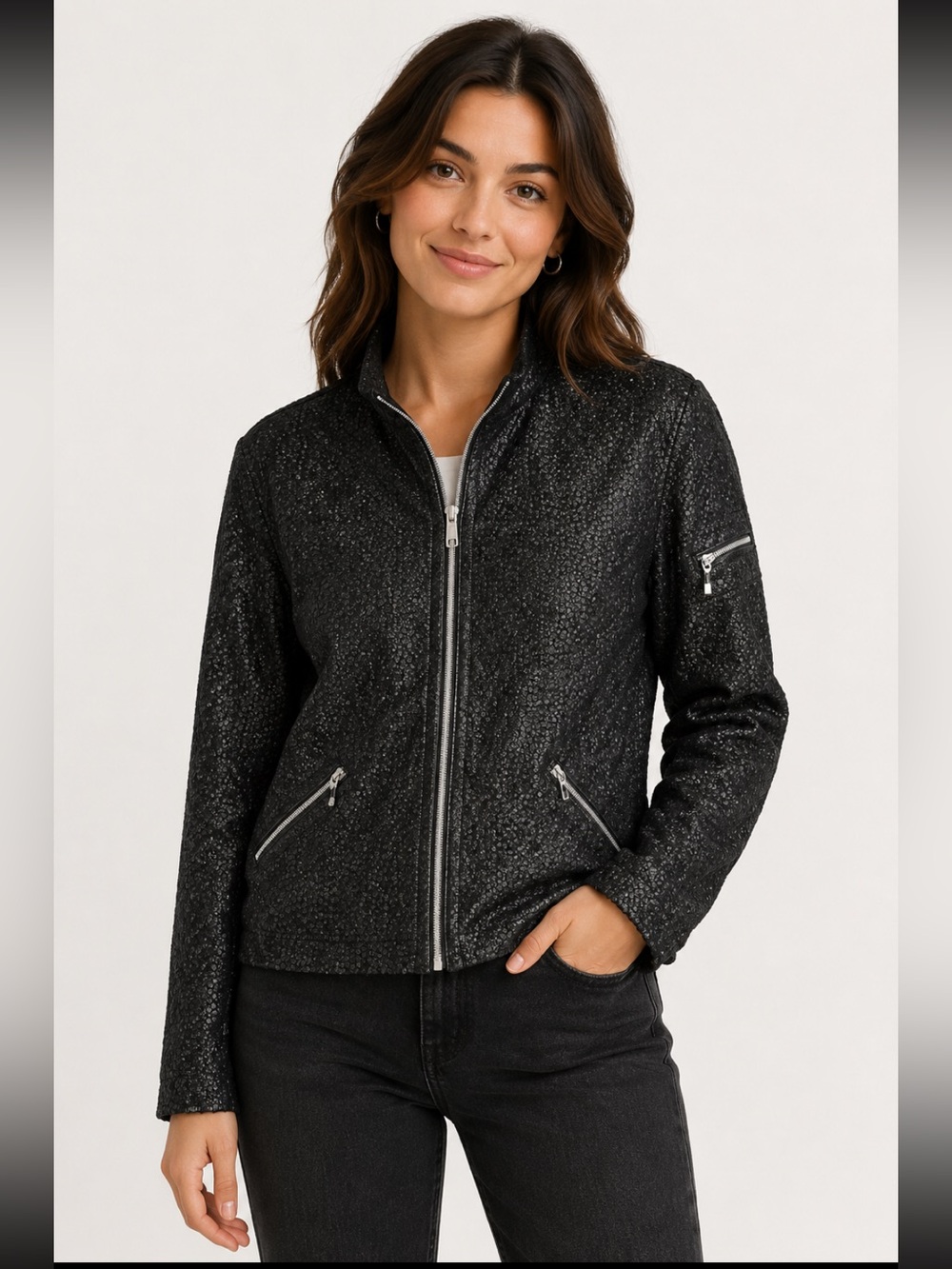 Jamie Sadock Black Textured Zip-Up Jacket Lightweight Sporty Travel Office EUC M